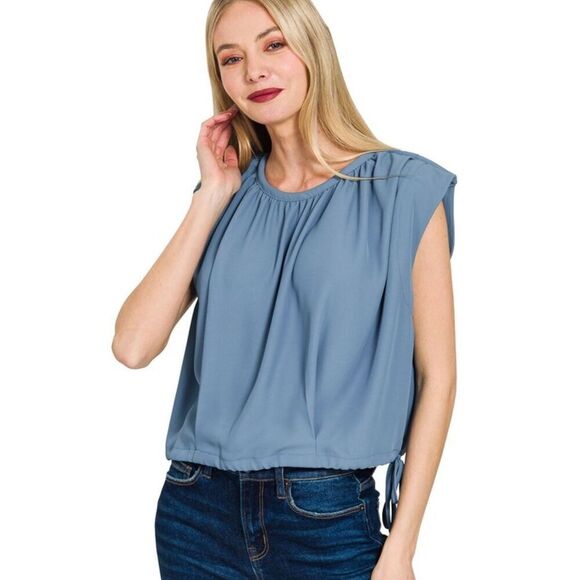 Zenana Oversized Trendy Casual Drawstring Waist Blue Tops For Women Sz Large - Picture 1 of 3